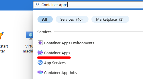 Screenshot della barra di ricerca del portale di Azure con App contenitore tra i risultati.