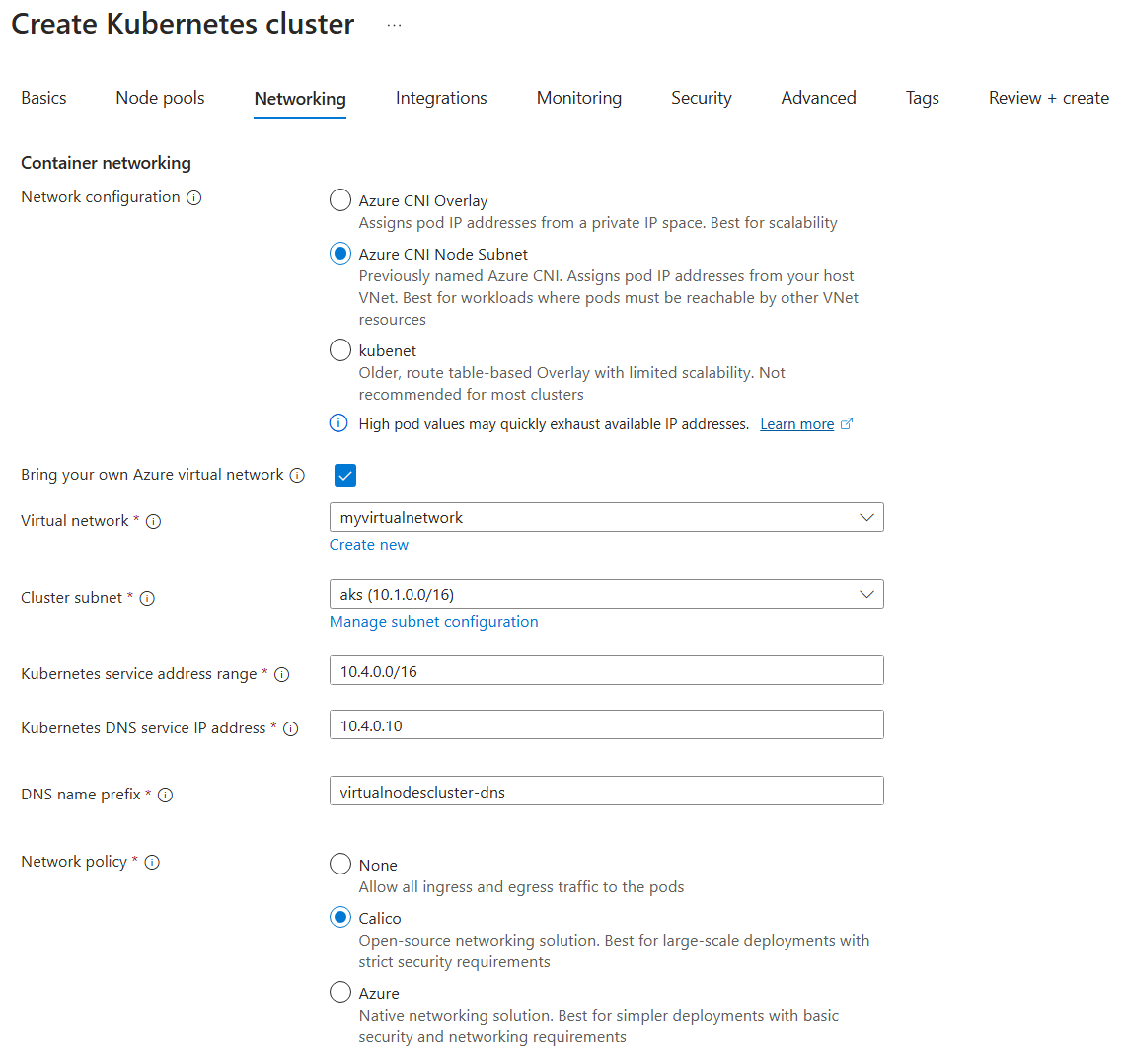 Screenshot che mostra come configurare la pagina Rete per la creazione del cluster del servizio Azure Kubernetes nel portale di Azure.