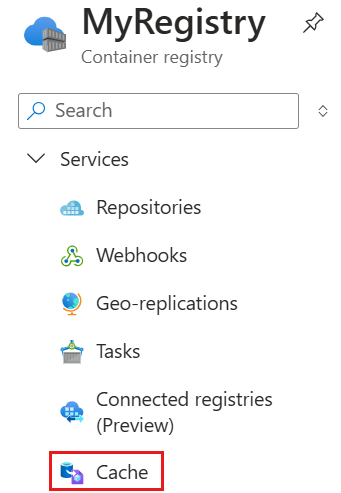 Screenshot della cache del registro nel portale di Azure.