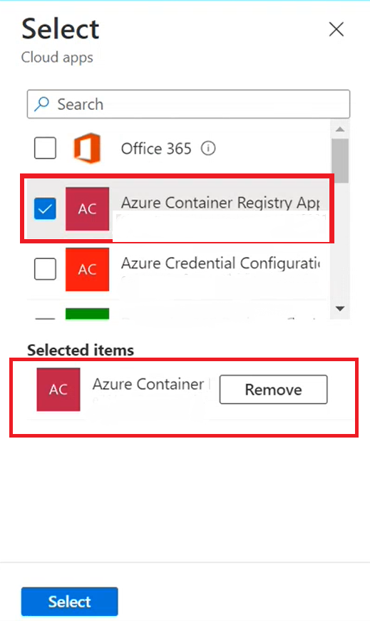 Screenshot dell'elenco di app, con risultati filtrati e 'Registro Azure Container' selezionato.