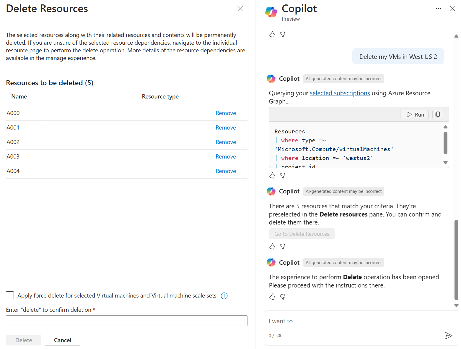 Screenshot di Copilot in Azure che risponde a una richiesta per eliminare le macchine virtuali.