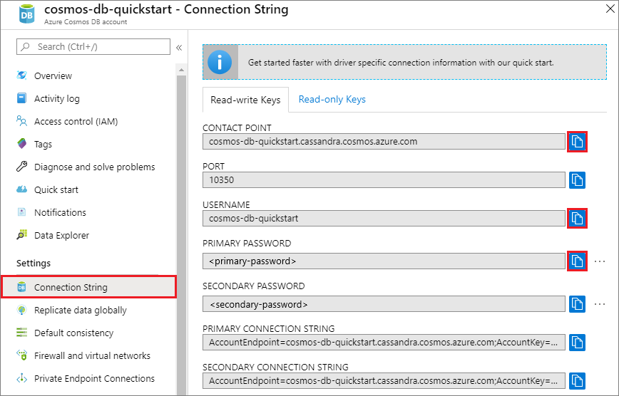 Visualizzare e copiare i dettagli della pagina Stringa di connessione nel portale di Azure