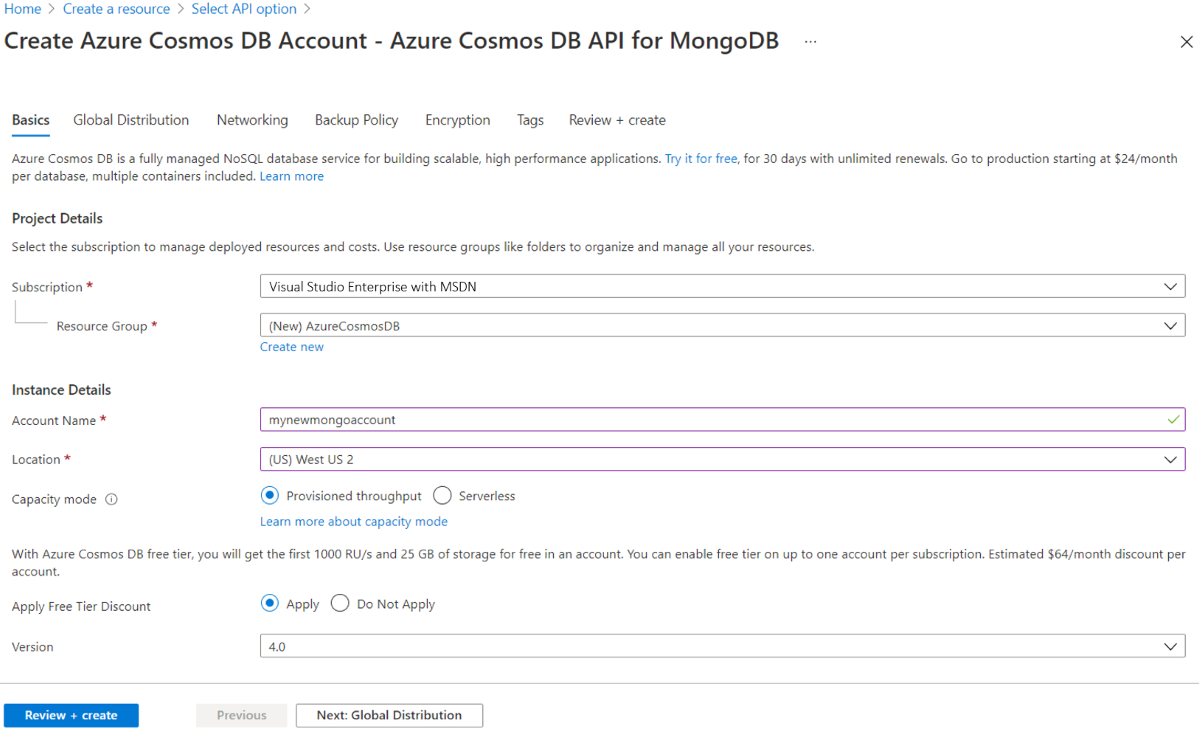 Screenshot della pagina del nuovo account per Azure Cosmos DB.