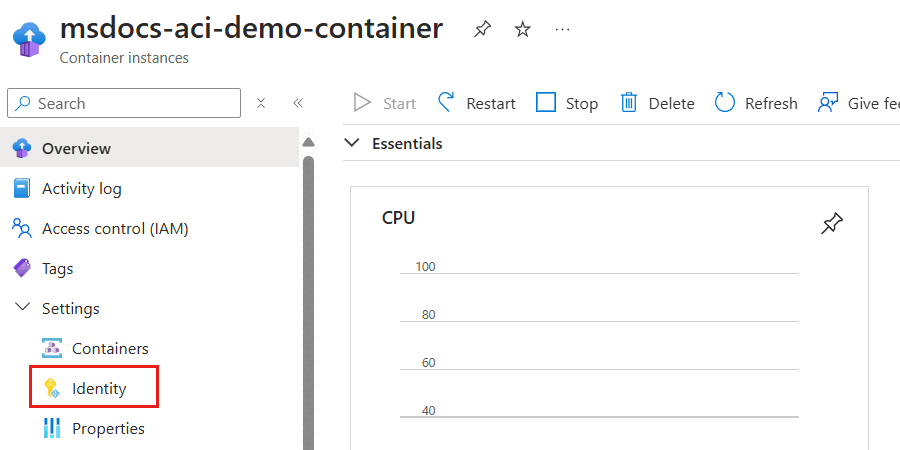 Screenshot dell'opzione “Identità” nel menu del servizio per l'istanza di Container.