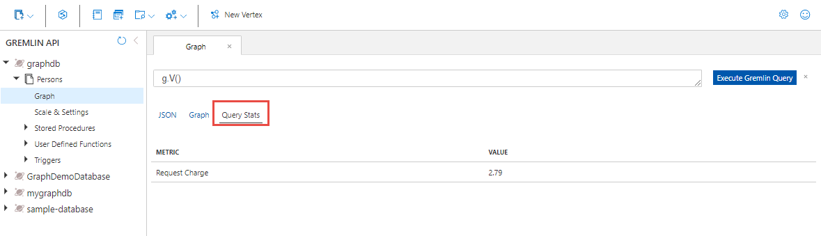 Screenshot per ottenere un addebito di richiesta di query Gremlin nel portale di Azure