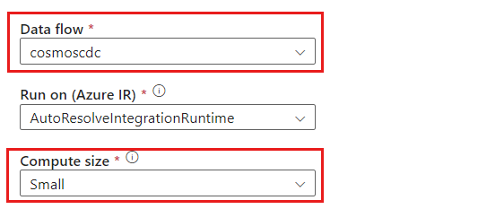 Screenshot delle impostazioni di configurazione per il flusso di dati e le dimensioni di calcolo per l'attività.