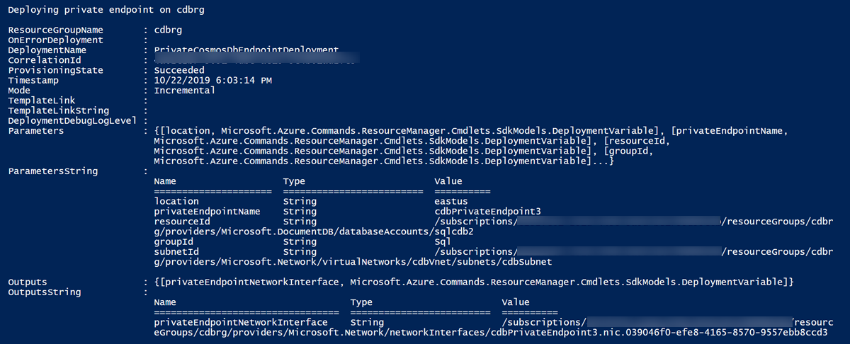 Screenshot dell’output della distribuzione per il modello di Resource Manager.