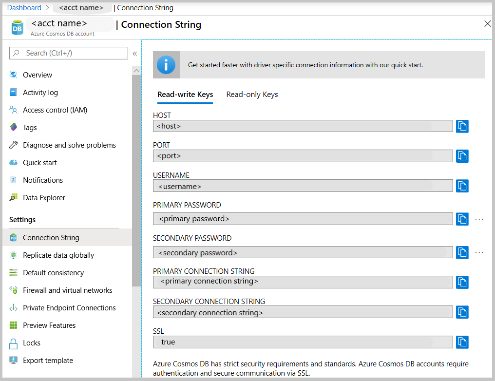 Screenshot del pannello Stringa di connessione