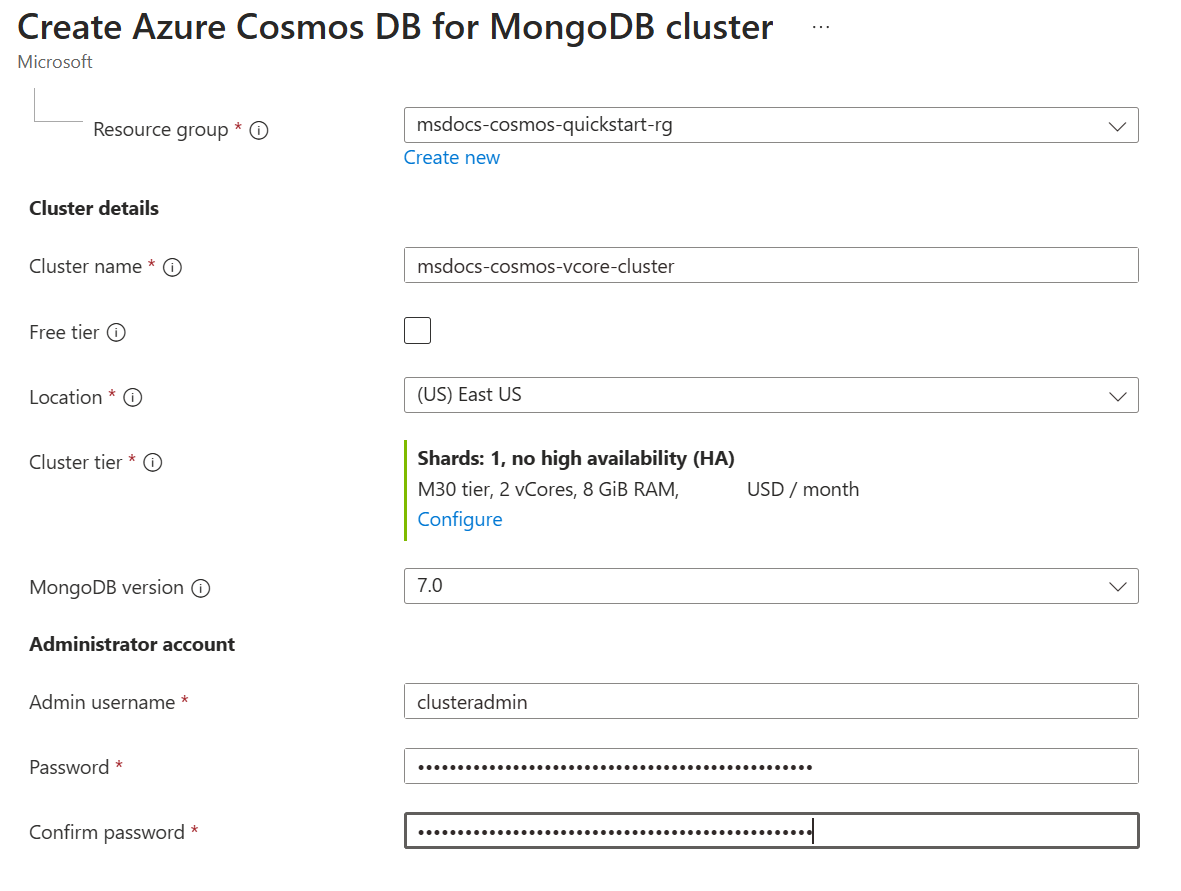 Screenshot delle varie opzioni di configurazione per un cluster.