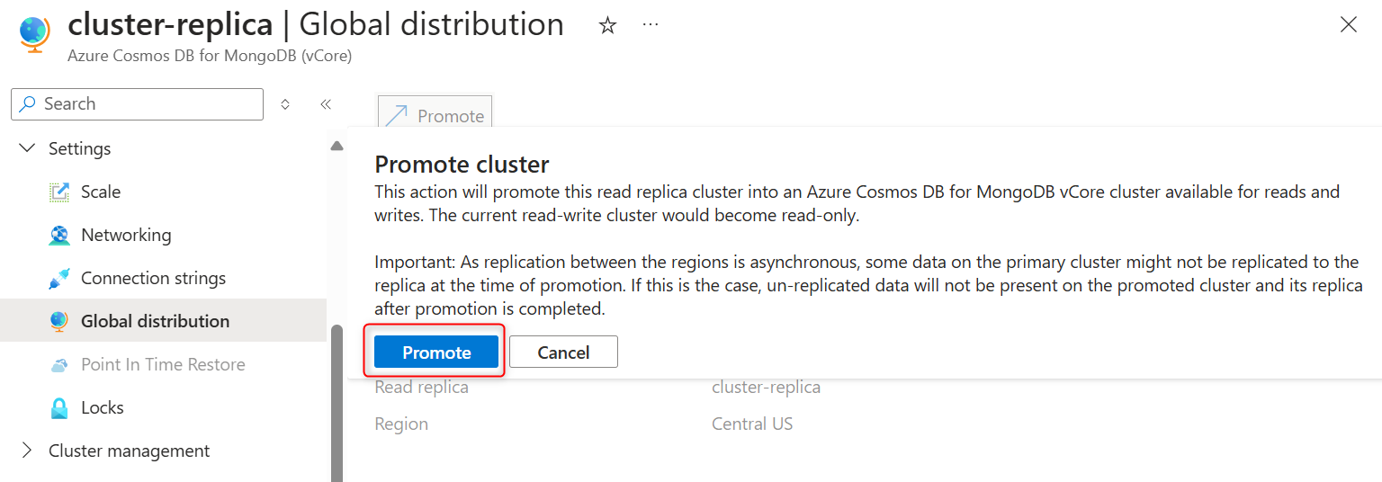 Screenshot della pagina di distribuzione globale del cluster di replica di lettura con la finestra popup di conferma della promozione.