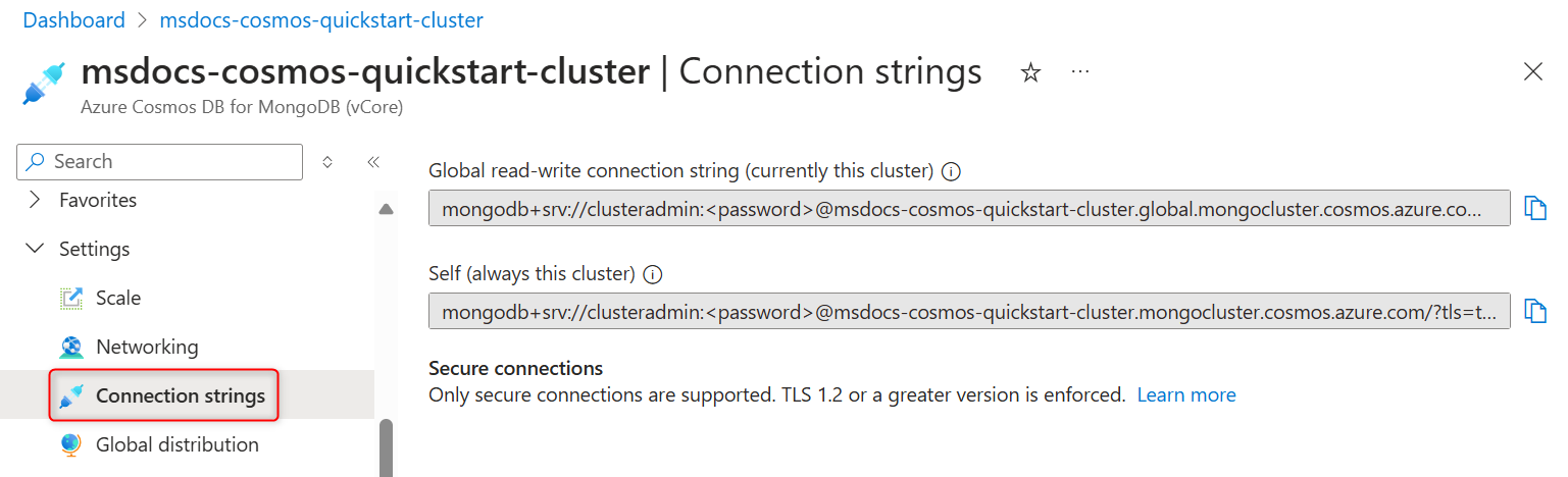 Screenshot della pagina delle stringhe di connessione nelle proprietà del cluster.