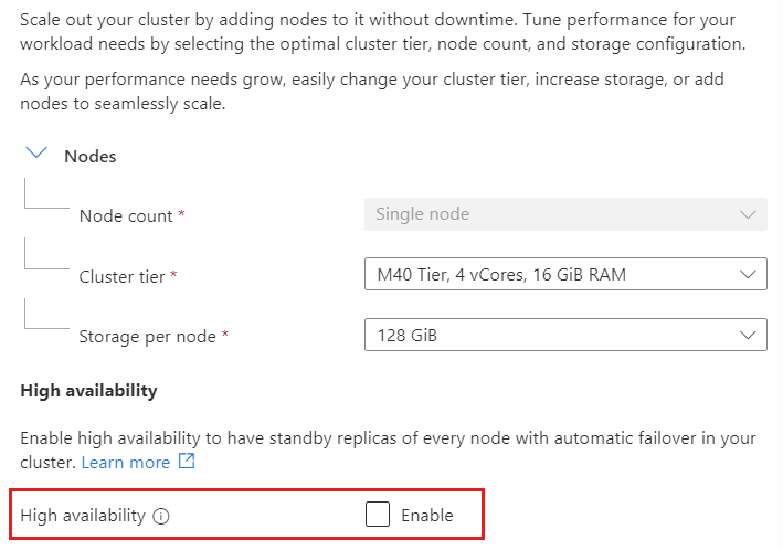 Screenshot della casella di controllo della disponibilità elevata nella pagina Ridimensiona di un cluster.