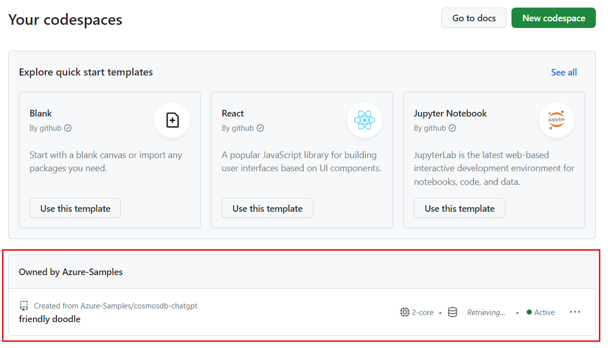 Screenshot di tutti i codespace in esecuzione, inclusi lo stato e i modelli.