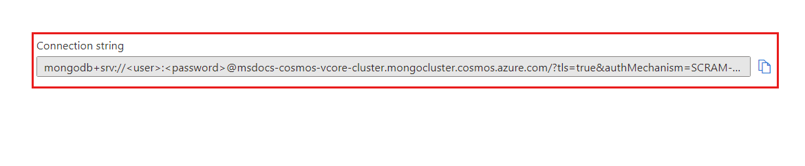 Screenshot delle credenziali della stringa di connessione per un cluster.