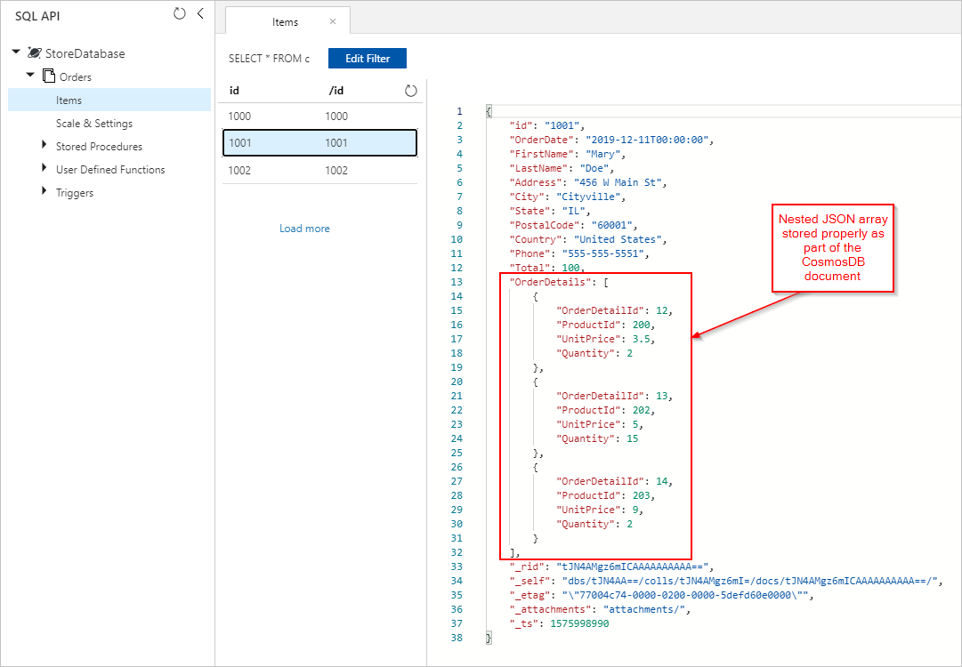 Screenshot che mostra i dettagli dell'ordine come parte del documento di Azure Cosmos DB