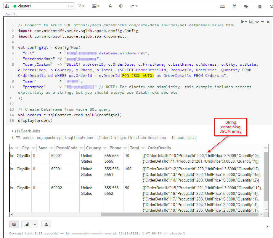 Screenshot che mostra l'output della query SQL in un dataframe.