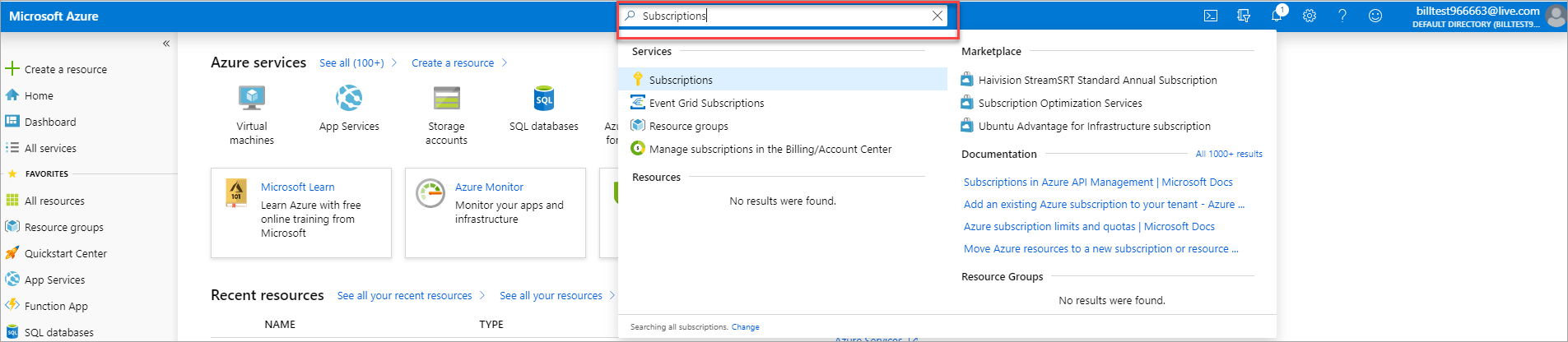 Screenshot che mostra la ricerca nella portale di Azure per le sottoscrizioni.