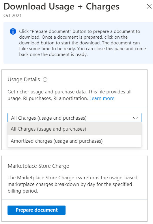 Screenshot che mostra la selezione del tipo di addebito Dettagli utilizzo da scaricare.