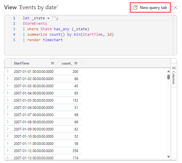 Screenshot del riquadro query di visualizzazione con la query nella parte superiore della schermata e risultati nella metà inferiore.