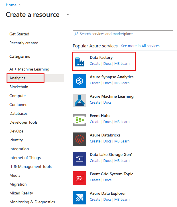 Screenshot che mostra l'opzione per creare una data factory nel portale di Azure.