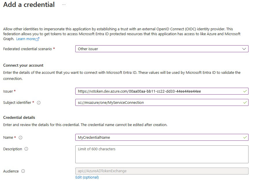 Screenshot che mostra come creare una nuova connessione al servizio con le credenziali di identità federate.