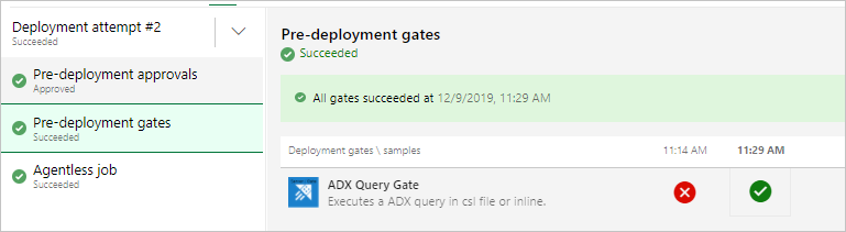 Screenshot che mostra un esempio di risultati dell'attività Query Gate.