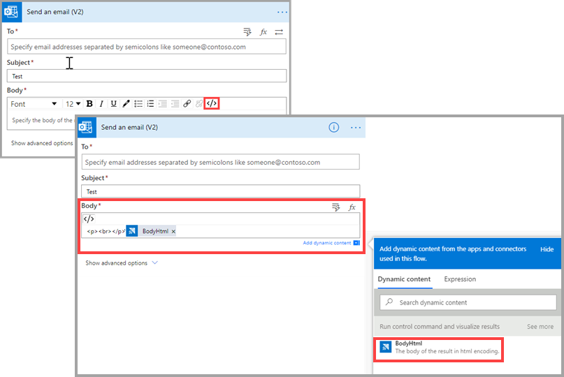 Screenshot della finestra di dialogo Invia un messaggio di posta elettronica con il campo Corpo e BodyHtml evidenziato.