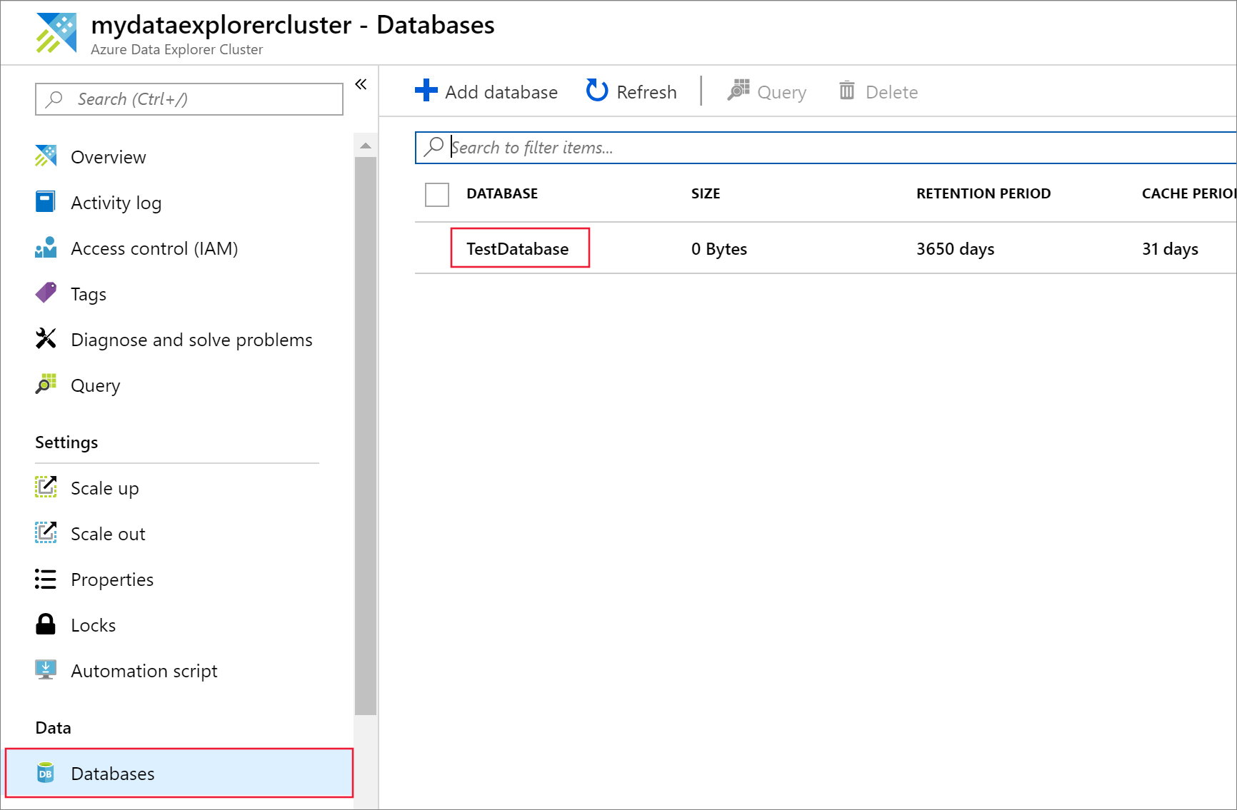 Screenshot di Azure Esplora dati menu web U a sinistra, che mostra l'elemento Database di test selezionato.