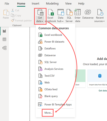 Screenshot della scheda Home in Power BI Desktop, che mostra il menu a discesa della voce Della scheda Home denominata Recupera dati con l'opzione Altro evidenziata.