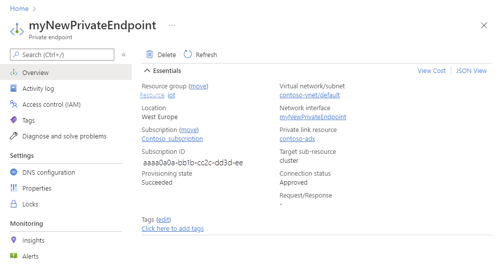 Screenshot della pagina crea endpoint privato che mostra i risultati della creazione dell'endpoint privato.