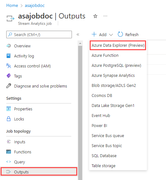 Screenshot della pagina Output che mostra come creare una connessione di Azure Esplora dati.