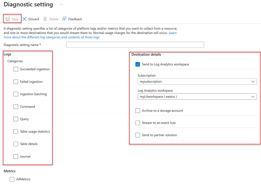 Screenshot della schermata Impostazioni di diagnostica, in cui si configurano i dati di monitoraggio da raccogliere per il cluster di Azure Data Explorer.