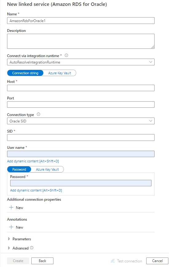 Screenshot della configurazione del servizio collegato per Amazon RDS per Oracle.