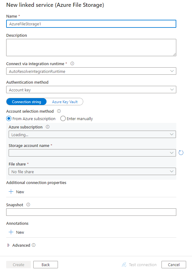 Screenshot della configurazione del servizio collegato per un'archiviazione file di Azure.