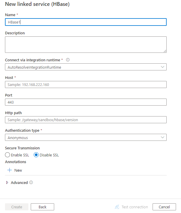 Screenshot della configurazione del servizio collegato per Hbase.