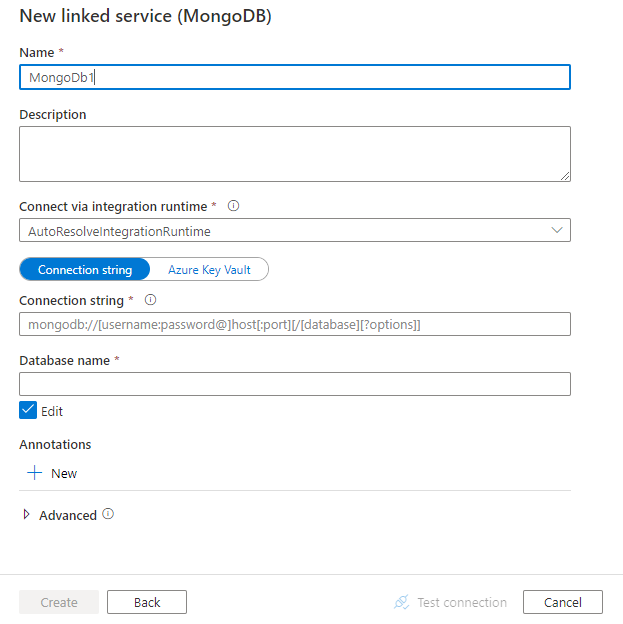 Configurare un servizio collegato in MongoDB.