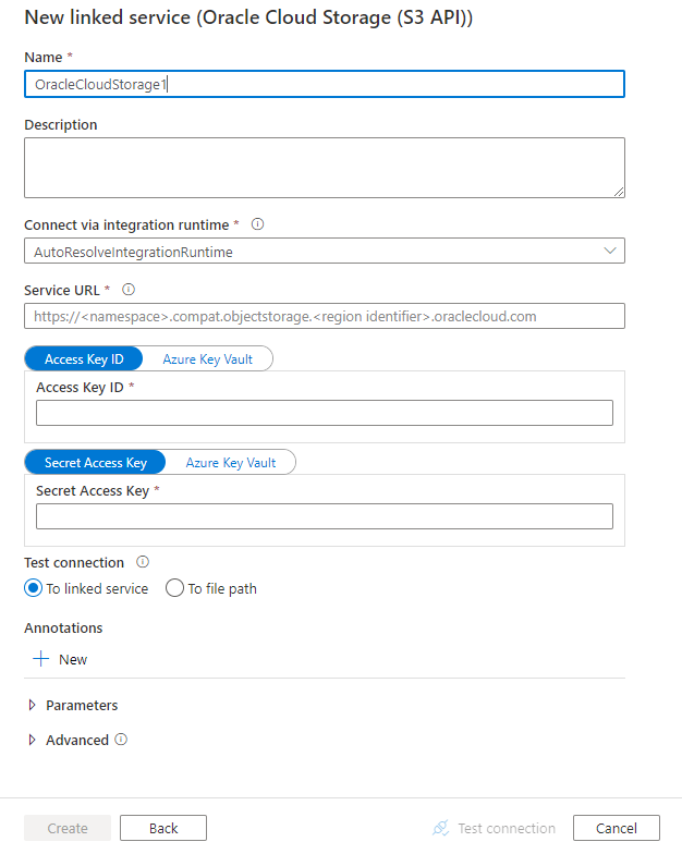 Screenshot della configurazione del servizio collegato per Oracle Cloud Storage.