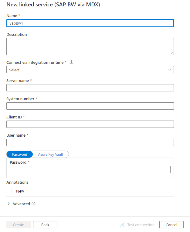 Configurare un servizio collegato a SAP BW.