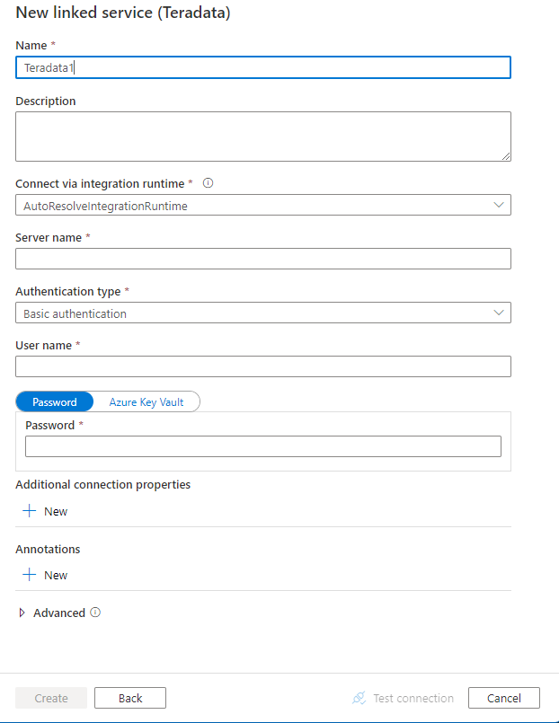 Configurare un servizio collegato in Teradata.