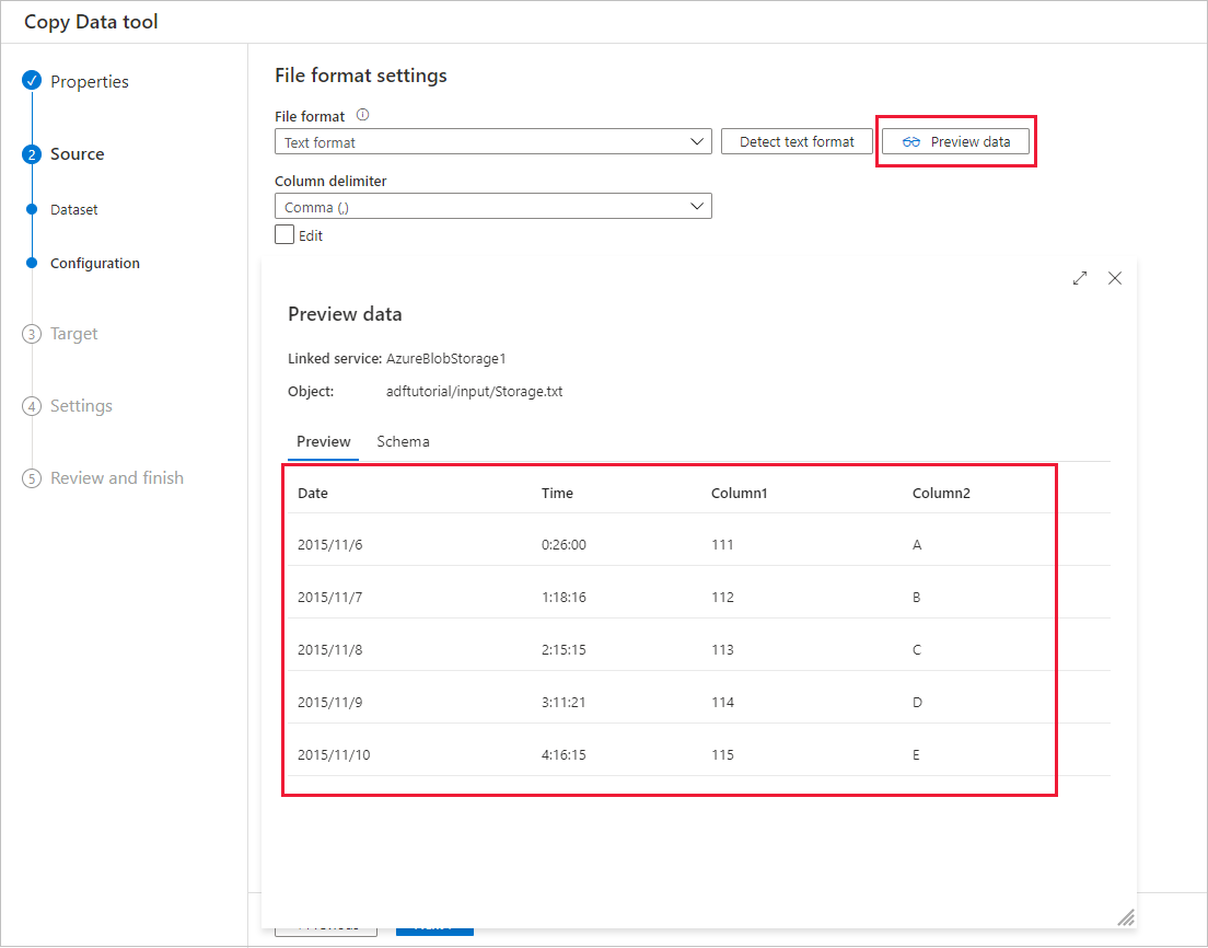 Impostazioni del file rilevate e anteprima