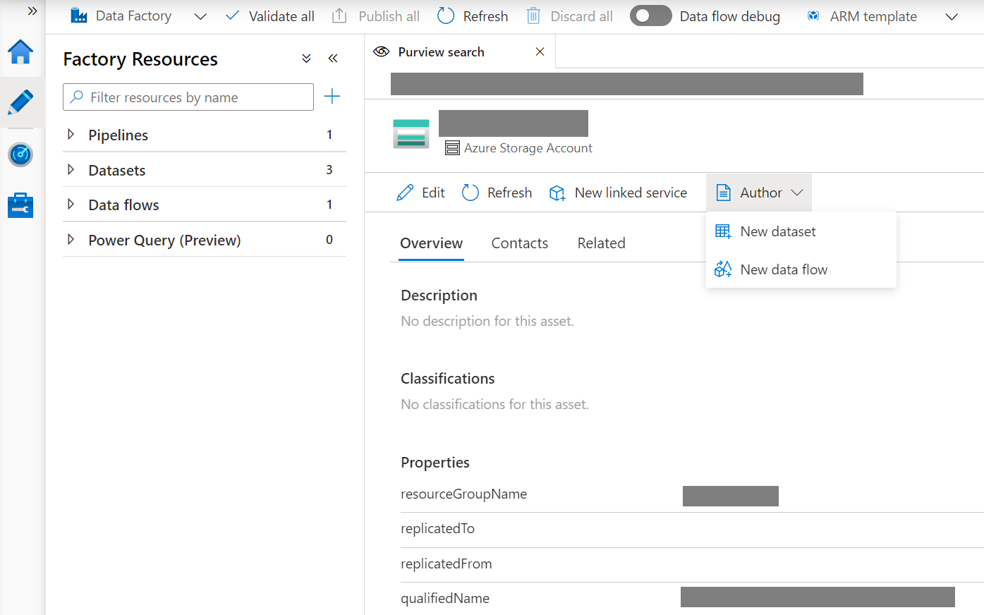 Screenshot che mostra come creare direttamente il servizio collegato, il set di dati o il flusso di dati sui dati cercati da Microsoft Purview.