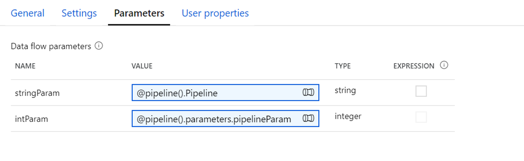 Screenshot che mostra la scheda Parametri con parametri denominati stringParam e intParam.