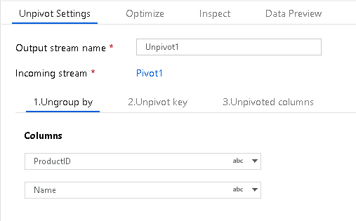 Screenshot che mostra l'opzione Unpivot Settings con la scheda Ungroup by selezionata.