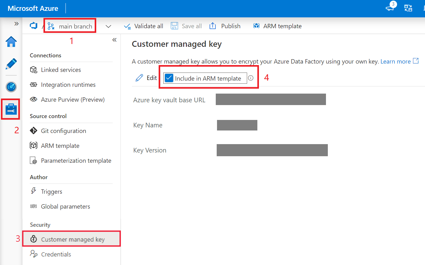 Screenshot dell'inclusione dell'impostazione della chiave gestita dal cliente nel modello di Resource Manager.