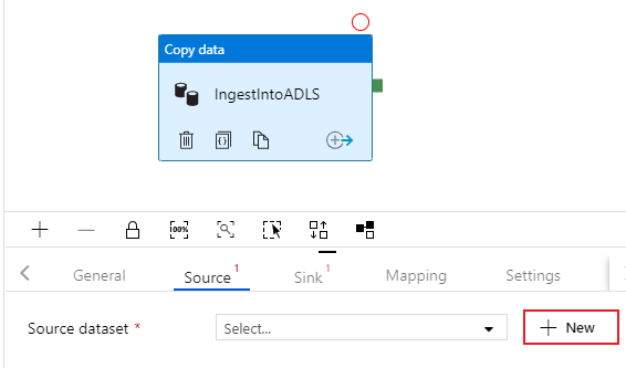 Screenshot del portale di Azure relativo alla creazione di un nuovo set di dati nell'opzione Copia origine dati.