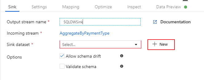 Screenshot del portale di Azure relativo a un nuovo pulsante del set di dati sink nelle impostazioni del sink.