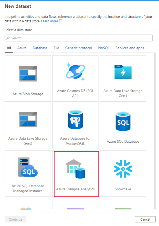 Screenshot del portale di Azure relativo a un nuovo set di dati di Azure Synapse Analytics per un nuovo sink di dati.