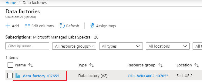 Screenshot del portale di Azure relativo a una pagina di panoramica delle data factory.