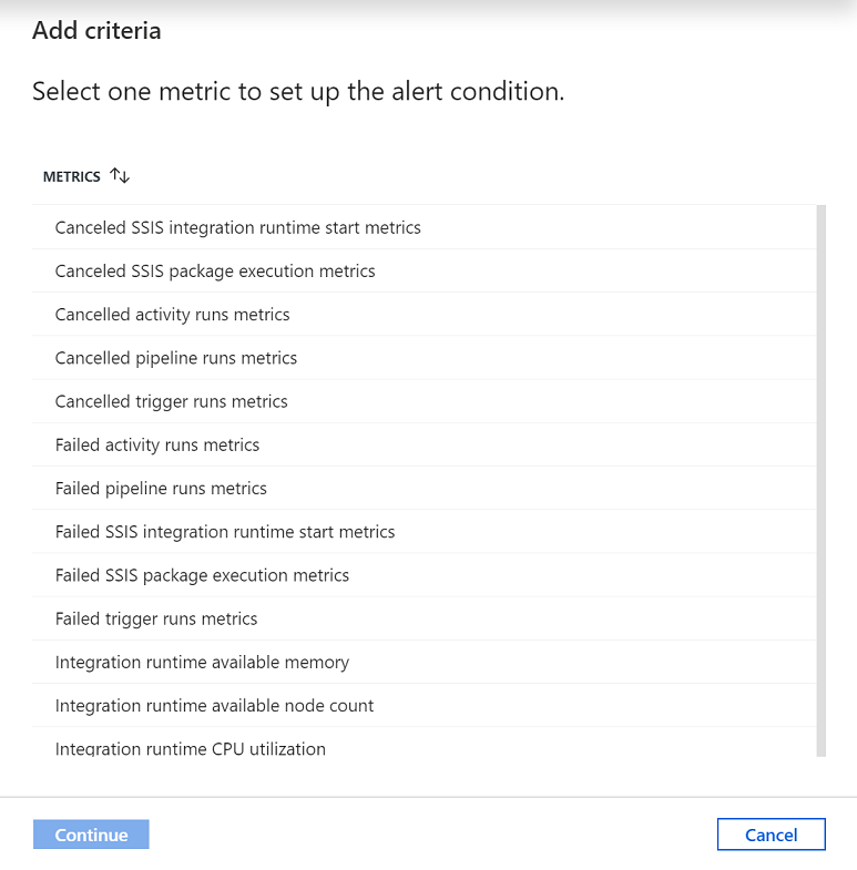 Screenshot che mostra dove selezionare una metrica per configurare una condizione di avviso.