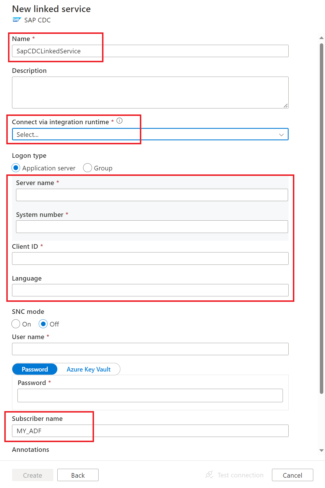 Screenshot della configurazione del servizio collegato SAP CDC.